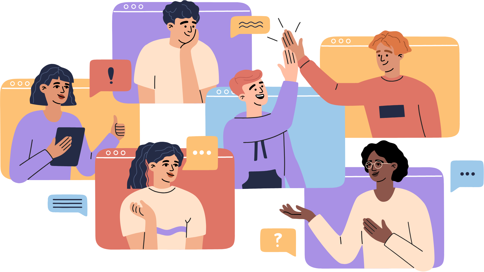 An illustration of six diverse people interacting in colorful online chat windows, with some giving thumbs up, high-fiving, thinking, or holding a tablet. Various speech bubbles and symbols are shown around them.