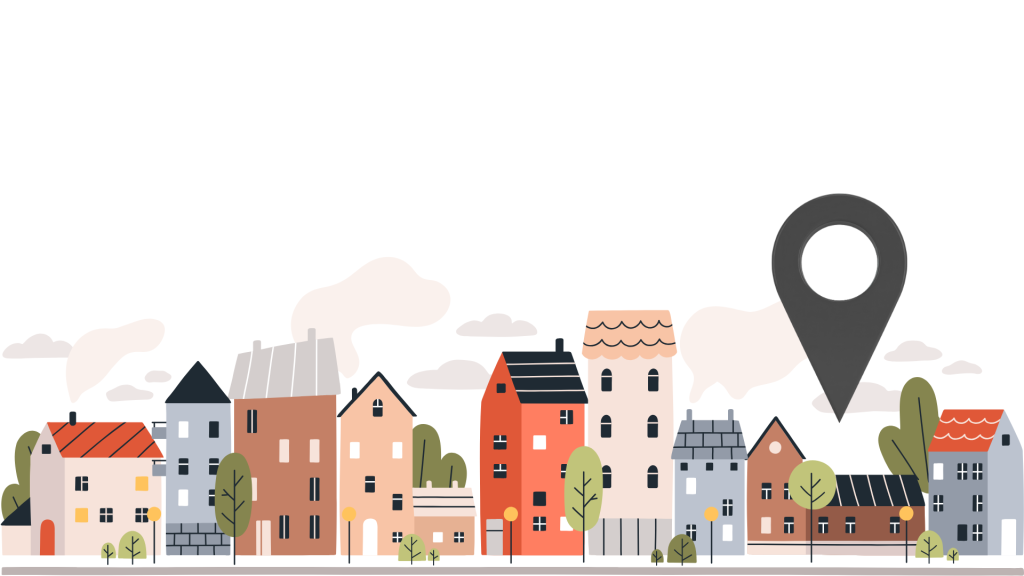 Illustration of a colorful row of houses and buildings with trees and clouds, featuring a large black location pin marker above one building, suggesting a specific location or destination in the neighborhood.