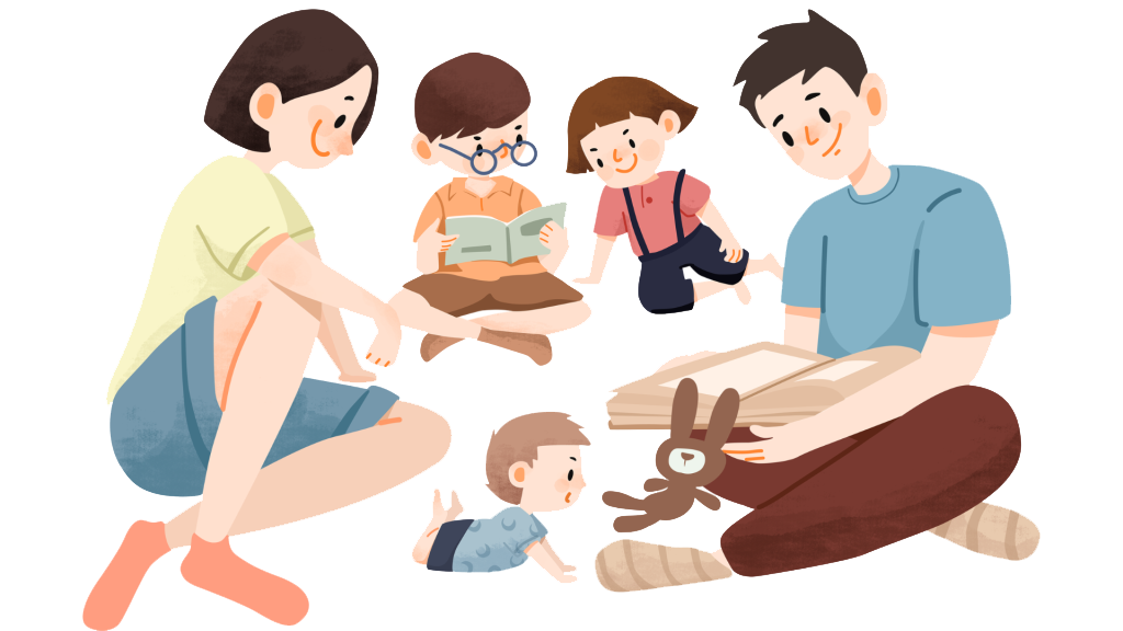 An illustration of a family sitting together on the floor, with two adults and three children, reading books and smiling. One child holds a book, another is crawling, and a stuffed bunny is nearby.