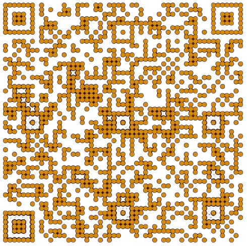 A QR code composed of small, honeycomb-like hexagonal dots in orange against a light background. The code has a unique, slightly irregular pattern but maintains standard QR code square markers in three corners.