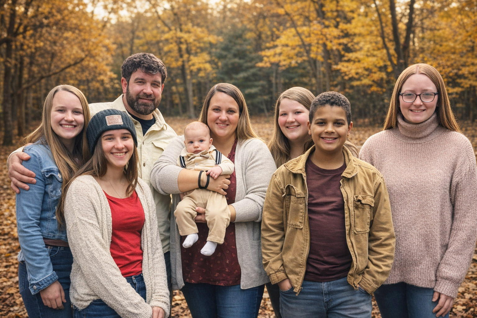 A group of eight people, including a baby, pose together in a forest with autumn leaves on the ground. Smiling and dressed for fall, they reflect the warmth and unity central to About Transparent Ministry amid golden foliage.