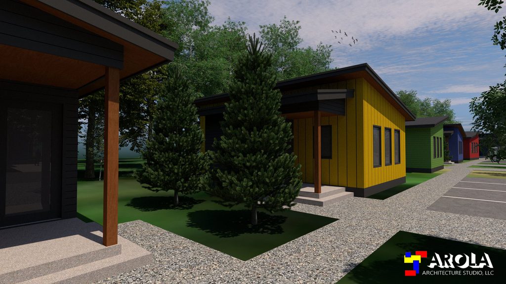 A row of small, colorful modern houses with front porches, trees, and gravel paths. The nearest house is yellow. The Arola Architecture Studio logo is in the bottom right corner.