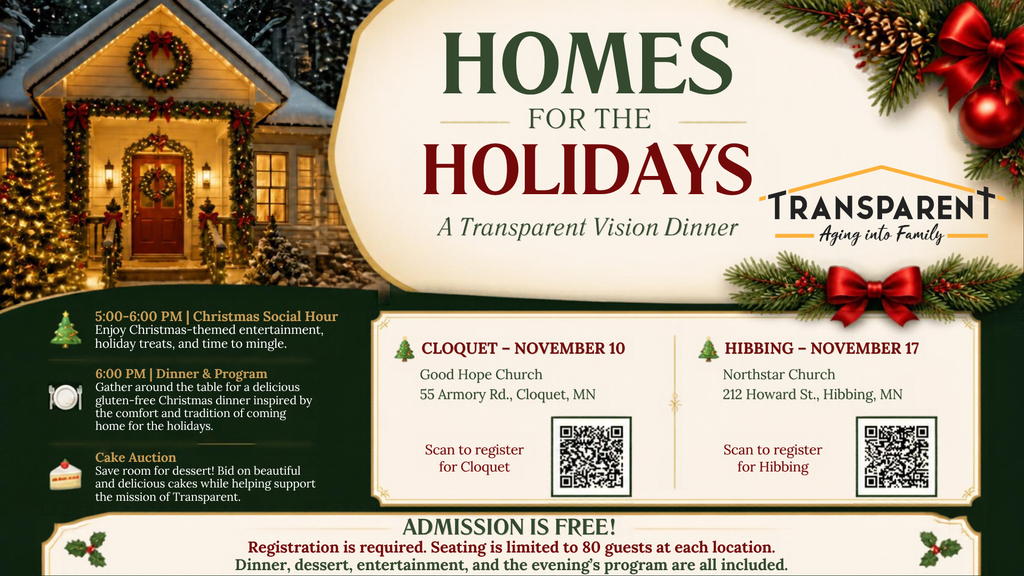 Homes for the Holidays event flyer detailing a Christmas dinner and program in Cloquet on November 10 and Hibbing on November 17, including QR codes for registration and a note that admission is free.
